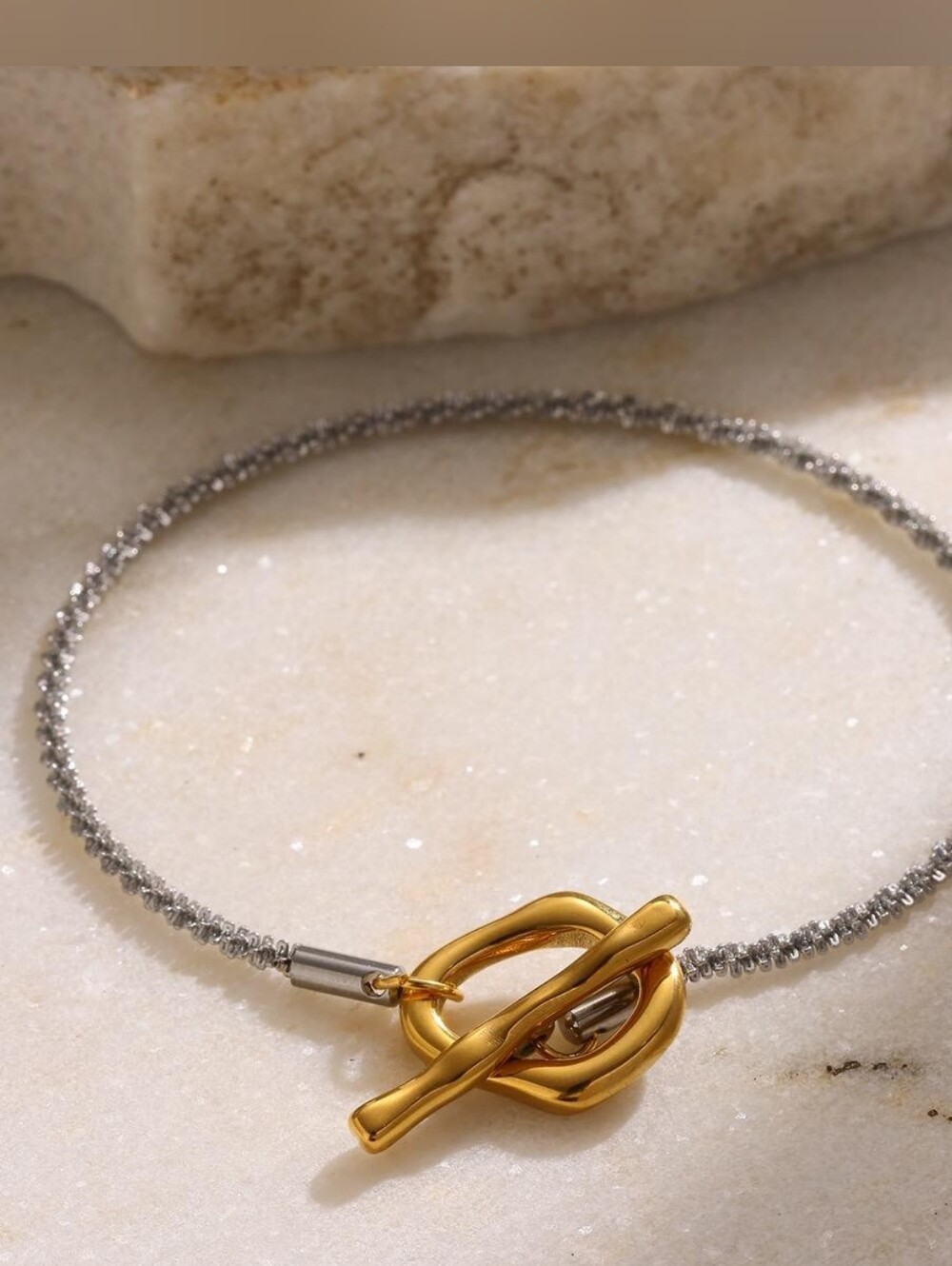 Two Tone Silver Wheat Chain Gold Abstract Toggle Bracelet